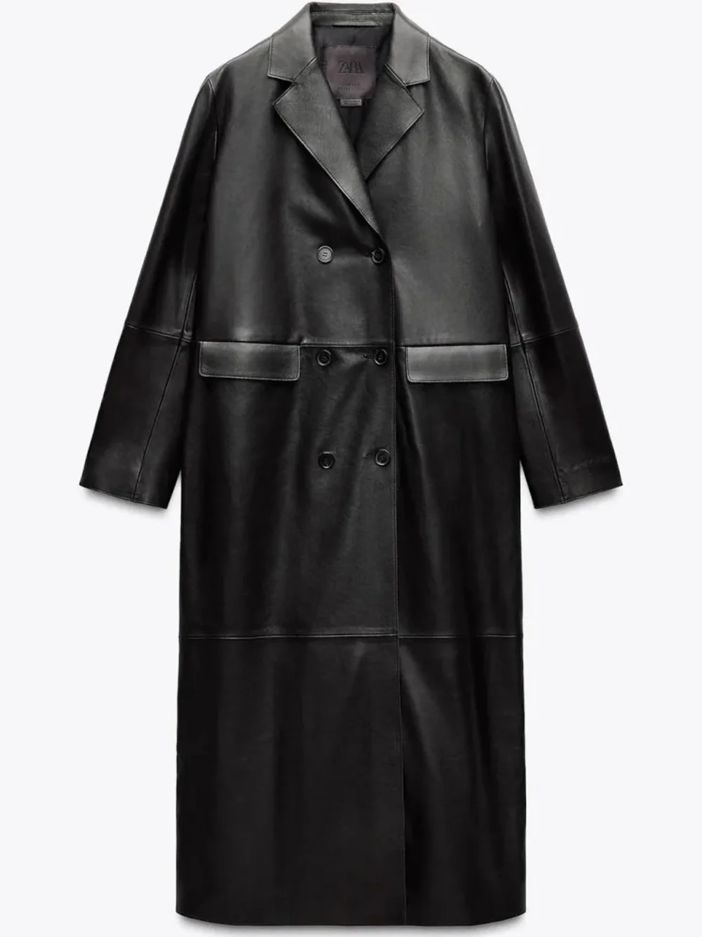 Zara Black Double-Breasted Long Leather Trench Coat - Picture 1 of 2